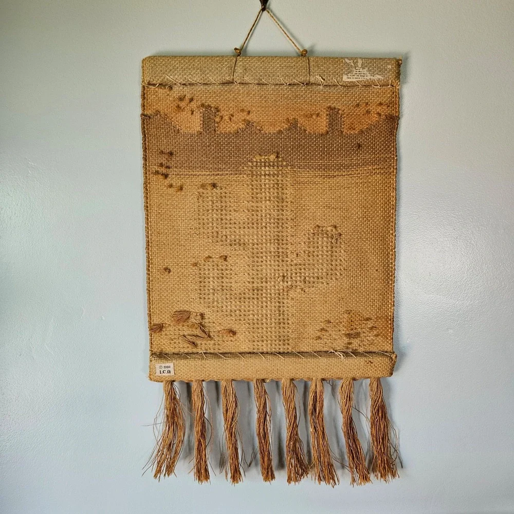 Vintage 1986 ICA Woven Jute Wall Hanging Saguaro Cactus Turquoise Beads Art 80s